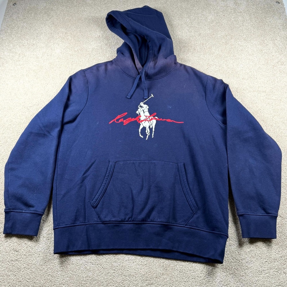 Polo Ralph Lauren Hoodie Men Large Blue Signature Big Pony Fleece Lined Pullover